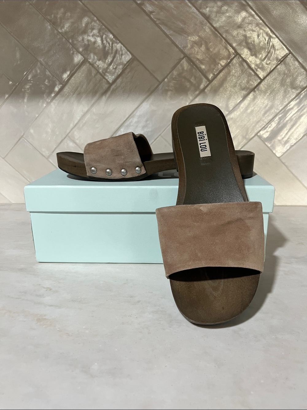Bibi Lou Taupe Suede Slide Mules